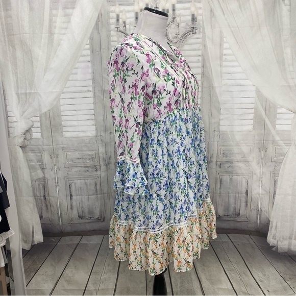 Maison Tara Size 4 V Neck Floral Print Cottagecore Dress Bell Sleeve Babydoll - Picture 5 of 10
